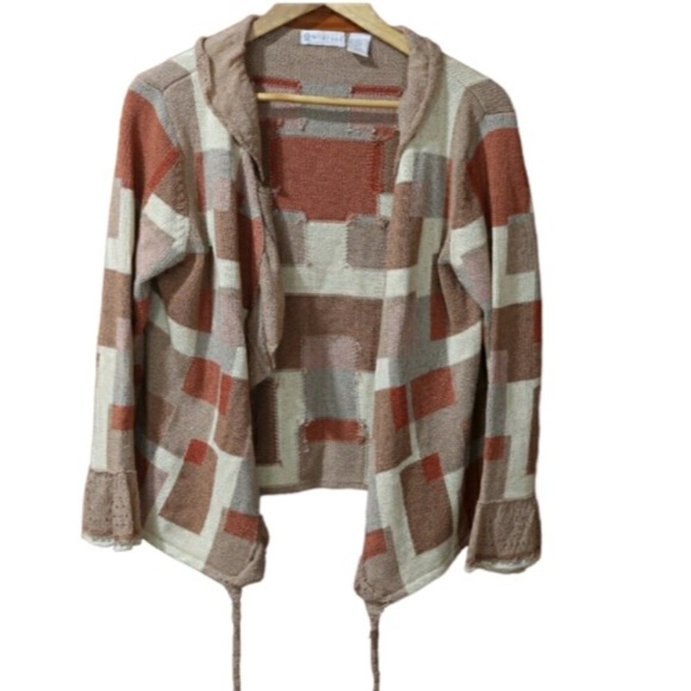 Wildroot Retro Ruffle Vintage Cardigan Sweater LG Shades of Brown Geometric
